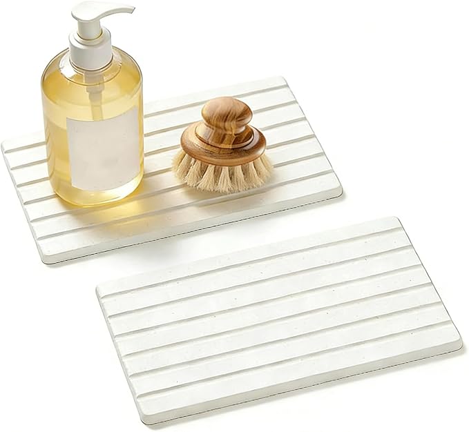 2 PCS Water Absorbing Diatomite Coasters, Stone Drying Mat for Kitchen Counter, Quick Dry Stone Mat Trays for Bathroom Kitchen Counter, Soap Dish Tray Used for Hand Soaps (White-B, 8.3" x 4") by Unknown