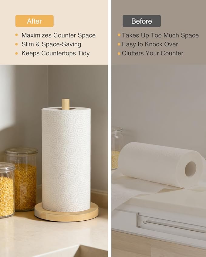 NESAPTO Paper Towel Holder Countertop, Wooden Freestanding Paper Towel Stand for Modern Farmhouse & Cottagecore Decor, Kitchen Bathroom Essential, Natural Color - Image 4
