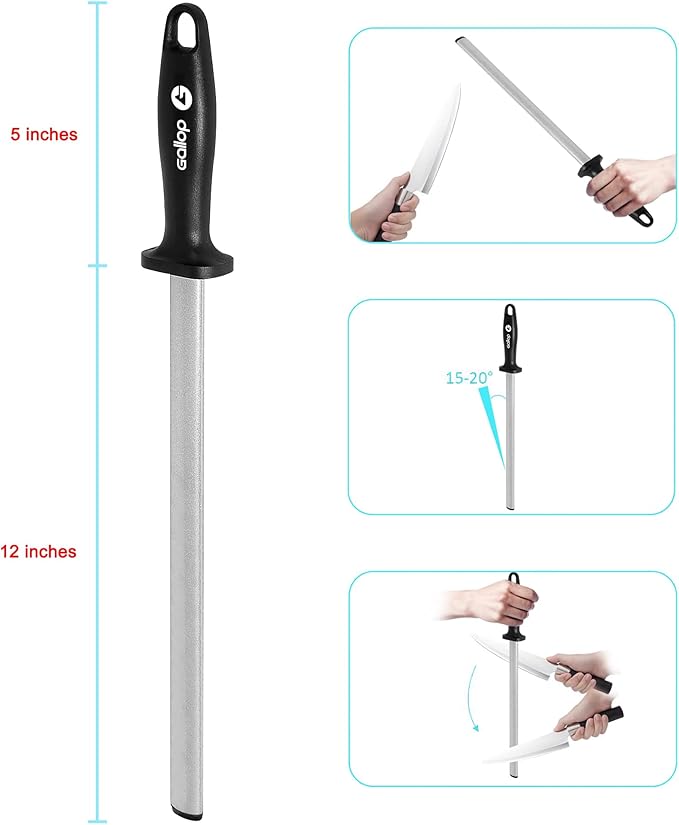 Diamond Honing Steel -12 In Knife Sharpener Rod,For Sharpening Kitchen Knife, Cooking Knives, Butcher's Knives, Home Gourmet Blades, Garden Tools Sharpening Stick