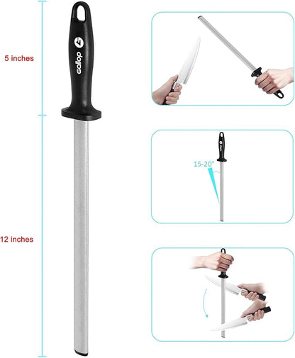 Diamond Honing Steel -12 In Knife Sharpener Rod,For Sharpening Kitchen Knife, Cooking Knives, Butcher's Knives, Home Gourmet Blades, Garden Tools Sharpening Stick