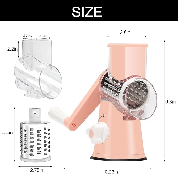 Cambom Rotary Cheese Grater Hand Crank Cheese Shredder for Fresh Cheese, Vegetable, Nuts,Non-slip Suction Base, Free Cleaning Brush Three Blades, Pink - Image 5