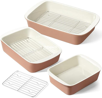 LE TAUCI Deep Casserole Dishes for Oven, 13.7”x9.6” Ceramic Baking Dish Set with Roasting Racks, Large Lasagna Pans with Handles, Rectangular Bakeware as Gift for Mom, Dusty Pink(4.6QT/3.0QT/1.6QT), Set of 3 by LETAUCI