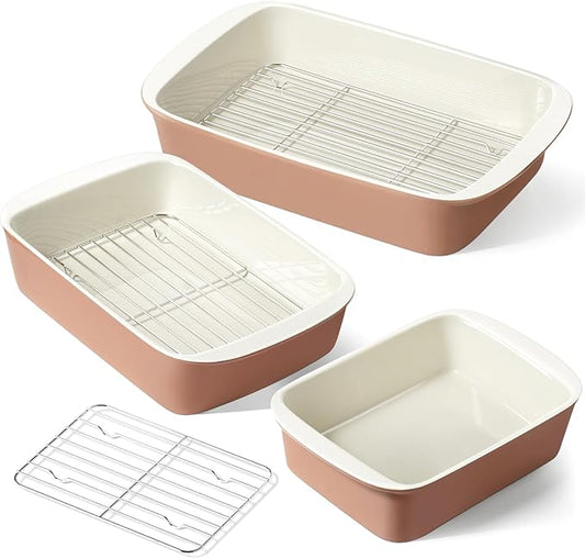 LE TAUCI Deep Casserole Dishes for Oven, 13.7”x9.6” Ceramic Baking Dish Set with Roasting Racks, Large Lasagna Pans with Handles, Rectangular Bakeware as Gift for Mom, Dusty Pink(4.6QT/3.0QT/1.6QT), Set of 3 by LETAUCI