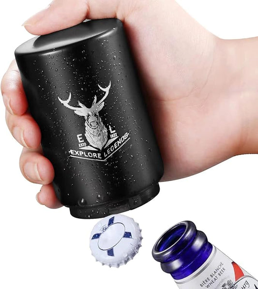 Push Down Bottle Opener,Automatic Beer Bottle Opener with Magnetic Cap, Stainless Steel One-Handed Lid Opening for Kitchen Home Bar Restaurant bottle Openers for Seniors Gift (Elk)
