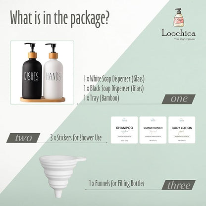 LOOCHICA 2 Pack Glass Soap Dispenser Set with Tray, Hand and Dish Glass Soap Dispensers for Kitchen Sink, Kitchen Soap Dispenser Set Suitable for Black and White Kitchen Decor - Image 2