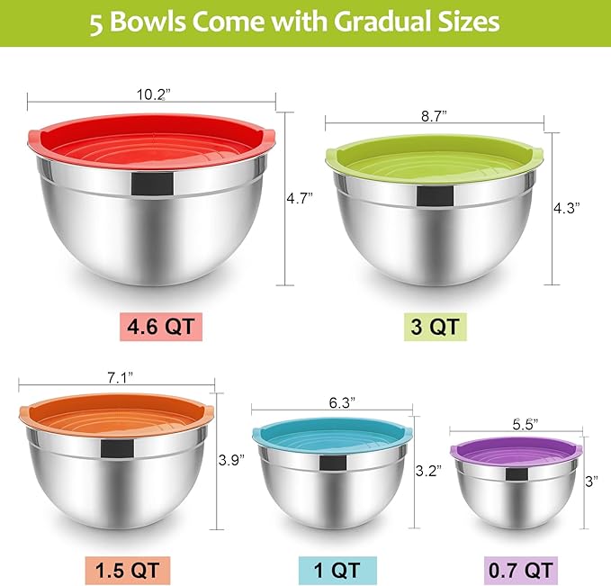 E-far Mixing Bowls with Lids Set of 5, Stainless Steel Mixing Bowls Metal Nesting Bowls with Airtight Lids, Non-toxic & Dishwasher Safe, Great for Cooking, Baking, Serving - Size 0.7/1/1.5/3/4.6QT - Image 3