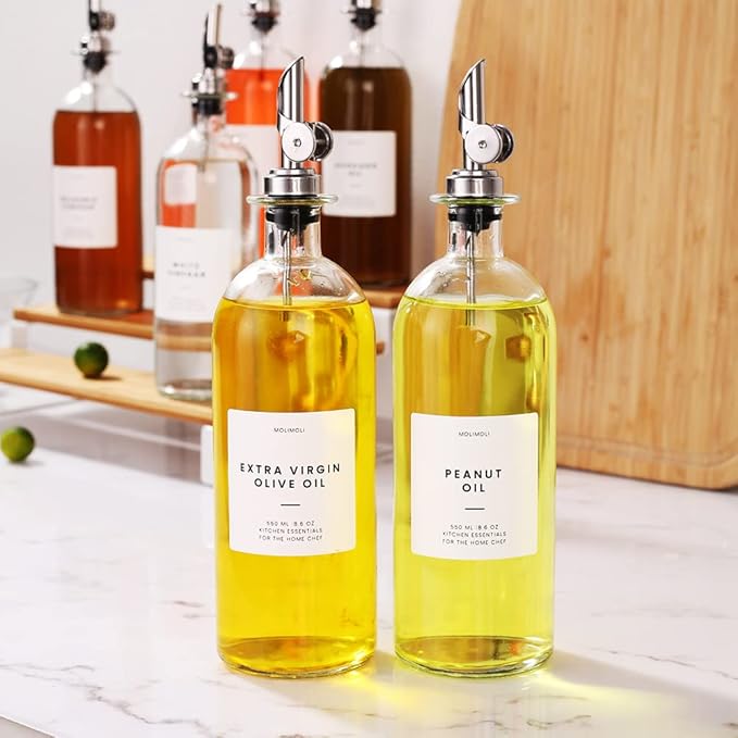 Molimoli Oil and Vinegar Dispenser with Metal Pour Spout, Weighted Pourer, Glass Bottle Dispenser for Kitchen, Olive Oil Cruet, Glass Olive Oil Bottle | 500ml, Set of 2 - Image 7