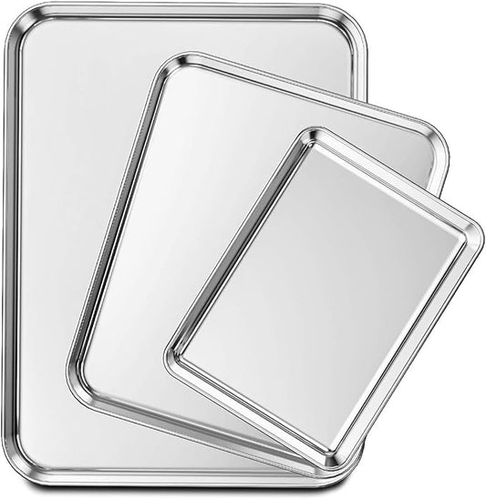 Wildone Baking Sheet Set of 3, Stainless Steel Cookie Sheet Cooking Sheet Pan for Baking & Roasting, 9/12/16 Inch, Non Toxic & Heavy Duty & Easy Clean by Wildone