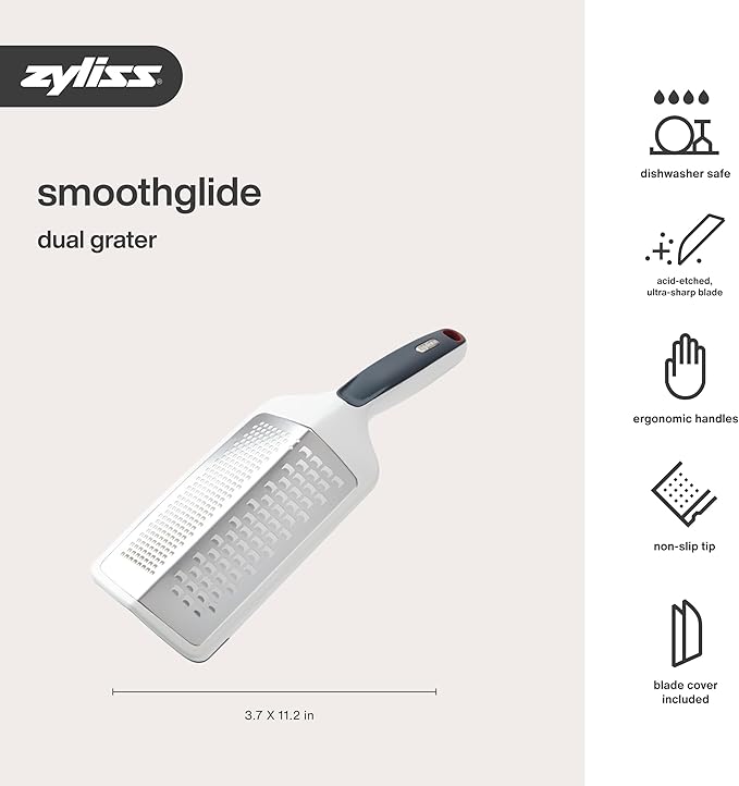 Zyliss SmoothGlide Dual Grater – Handheld with Stainless Steel Blades & Ergonomic Handle – Dual-Sided Medium & Coarse Grater for Cheese, Vegetables, Chocolate & More with Protective Cover