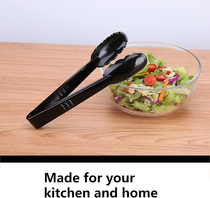 Plastic Tongs for Kitchen, Disposable Utensils Set, 12 Pieces, 9 Inch Heavy Duty Scalloped Salad Serving Tongs, Food Safe Material, Perfect for Buffets and BBQ (12, Black) - Image 6