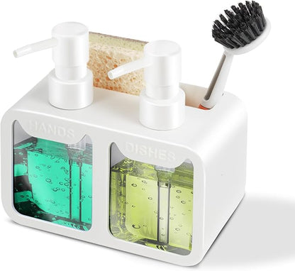 Kitchen Soap Dispenser Set, with Hand and Dish Soap, Sponge Caddy and Brush Holder 4-in-1 Kitchen Dual Soap Dispenser Set for Kitchen Sink, Bathroom - White by Eavida