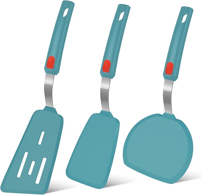 Beijiyi Silicone Spatula Turner Set of 3, 600°F Heat Resistant Nonstick Turner Spatulas for Kitchen Use, Large Flexible Silicone Cooking Utensils Rubber Spatula Set for Egg, Pancake, Fish (Blue) by Beijiyi