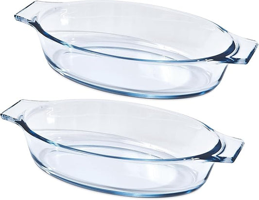 Small Casserole Dishes Oval 2 Pack, 23oz Glass Au Gratin Baking Dish, Individual Oval Baking Pan for Oven Microwave Air Fryer, 1 or 2 Person Servings, Bakeware Clear Prep Bowls with Handle by Yomvzake