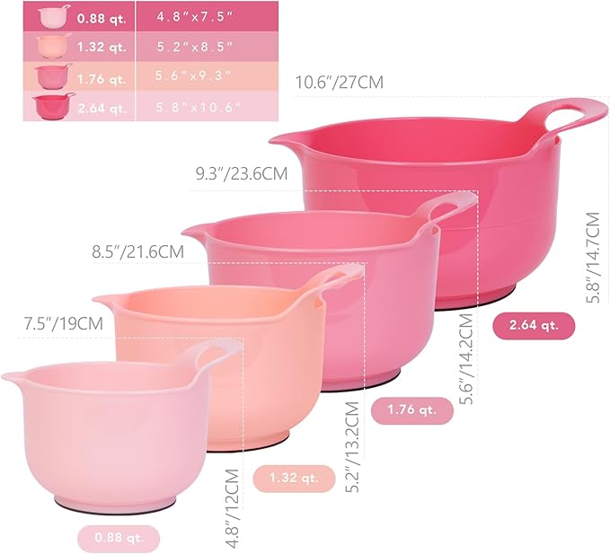 BoxedHome 4 Pack Nesting Mixing Bowl with Pour Spout and Handle, BPA free Microwave & Dishwasher Safe(Pink Gradient, 4 Pack with Handle) - Image 3