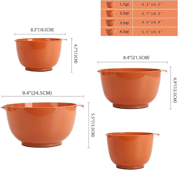 BoxedHome Nesting Plastic Mixing Bowl Set, 4 Piece Mixing Bowl Set with Pour Spouts, Size 1.7, 2.5, 3.5 and 4.5qt, for Prepping, Mixing, Baking, Cooking, Brownish Orange - Image 3
