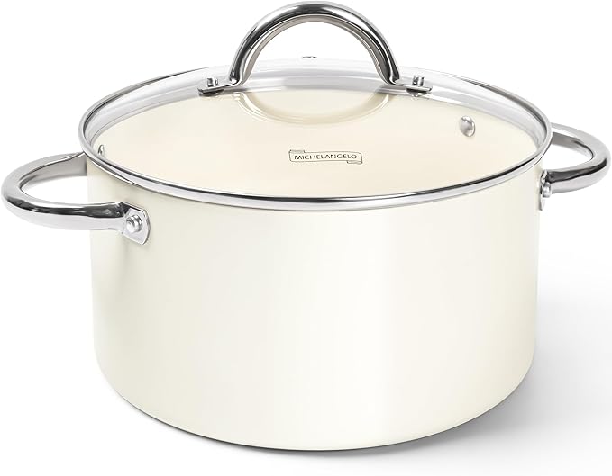 MICHELANGELO Stock Pot with Lid, 6 Quart Soup Pot with Lid for Cooking, Non Stick Ceramic Coating, Stainless Steel Handle, Induction Compatible, Cream by Michelangelo