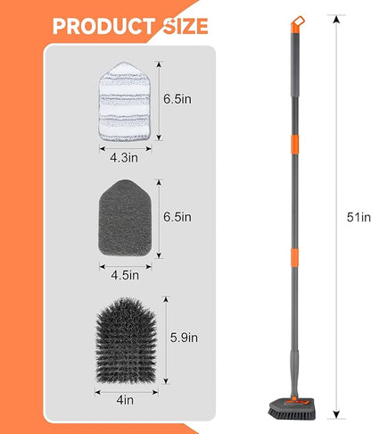 nacena Shower Scrubber with Long Handle, 3 in 1 Tile Tub Scrubber Brush with 3 Detachable Cleaning Heads Adjustable Handle Shower Cleaner Brush for Bathroom, Kitchen, Toilet, Wall, Sink, Grey Orange