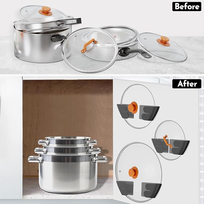 Niceyos Universal Adjustable Pot Lid Organizer for Cabinet - Upgraded Patented Set of 4 Pan Lids Organizers Inside Cabinet Door Wall Mount Pots Top Holder for Kitchen Cupboard, Fits 6" to 14" (Black) - Image 6