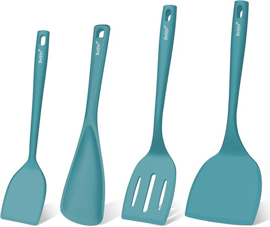 Beijiyi Silicone Spatula Set of 4, 600°F Heat Resistant, BPA Free Kitchen Spatula and Spoons for Nonstick Cookware, Solid & Slotted Turner Cooking Utensils for Serving, Flipping Egg, Pancakes (Blue)