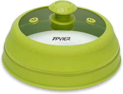 Microwave Splatter cover, Glass Microwave Cover for Food, Guard Lid with Collapsible Silicone for 6-8 inch Plates & Bowls, Dishwasher Safe, Heat Resistant, BPA-Free, 9 inch Green