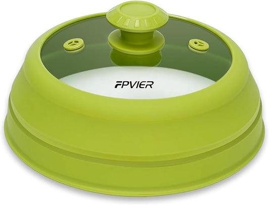 Microwave Splatter cover, Glass Microwave Cover for Food, Guard Lid with Collapsible Silicone for 6-8 inch Plates & Bowls, Dishwasher Safe, Heat Resistant, BPA-Free, 9 inch Green
