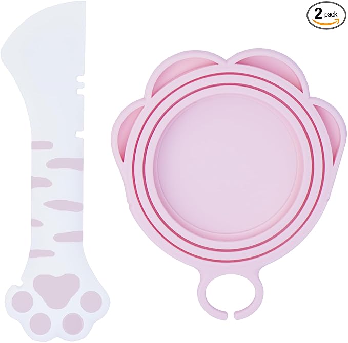 Meow&Woof Cute Cat Pet Can Food Cover with Spoon - One Lid and One Spoon Pack (White&Pink)