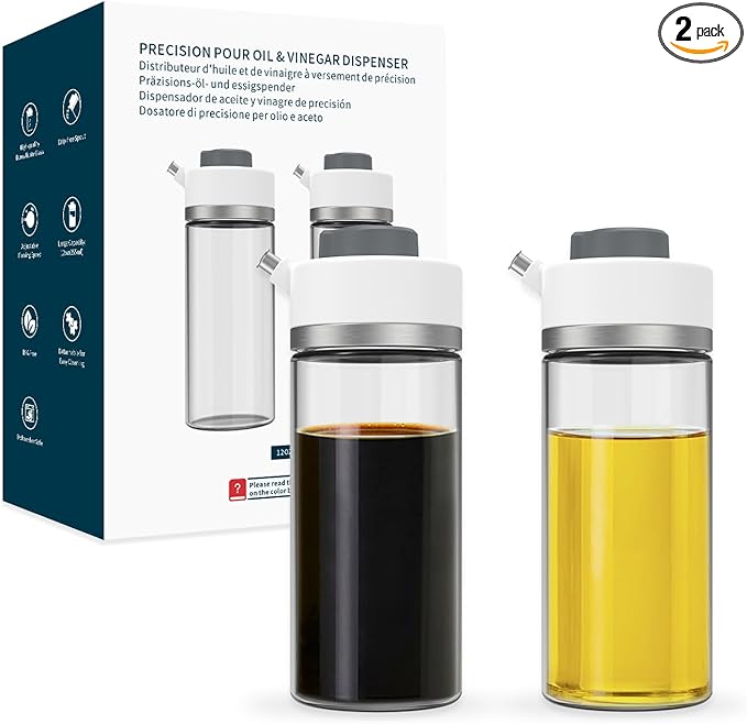 KITCHENDAO Precision Pour Glass Oil Dispenser 2-Piece Set with 3 Modes, Drip-Free Spout, Two Adjustable Flow Speeds, 12 oz Oil and Vinegar Dispensing Bottle 2 Pack Set for Kitchen by KITCHENDAO