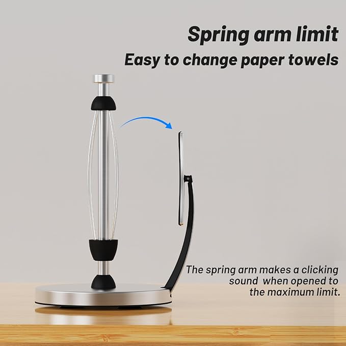 VEHHE Paper Towel Holder Countertop, Paper Towel Holder with Spring Activated Arm and Damping Effect, Simply Tear Paper Towel Stand for Bathroom and Kitchen (Silver) - Image 4