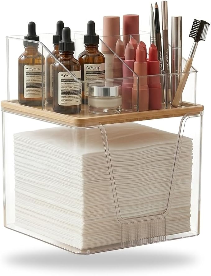 Disposable Facial Towels Holder with Bamboo Lid, 2 in 1 Facial Towels Storage Box and Cosmetics Organizer, Clear Acrylic Box Stackable Vanity Organizer Compatible with Clean Skin Club Towel XL