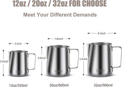 Milk Frothing Pitcher, Thicker Version 12oz Espresso Steaming Pitchers Stainless Steel Cappuccino Coffee Machine Accessories Barista Tools Steamer Pitchers Milk Jug Cup with Decorating Pen Latte Art