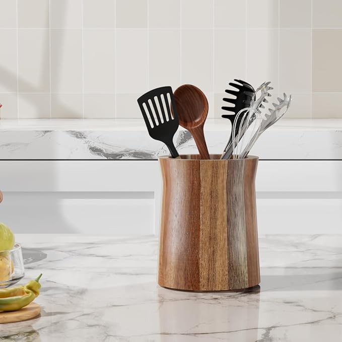 Utensil Holder, Acacia Wood Utensil Holder for Kitchen Counter, 360° Rotating Cooking Utensil Crocks for Countertop, 7.2" Large Utensil Organizer for Spatula Storage - Image 7