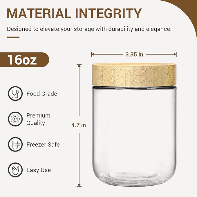 NETANY 4-pack 16oz Glass jars with Airtight Lids, Overnight Oats Containers with Bamboo Lids, Wide mouth Mason Salad jars, Glass Food Storage Containers for Snacks Yogurt Spice Sugar - Image 2