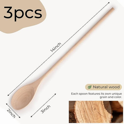 HANSGO 3PCS Wooden Spoons for Cooking, 14 Inch Long Handle Spoons for Deep Pots, Wooden Kitchen Utensil Set for Stirring, Mixing and DIY Crafts, Sturdy & Lightweight