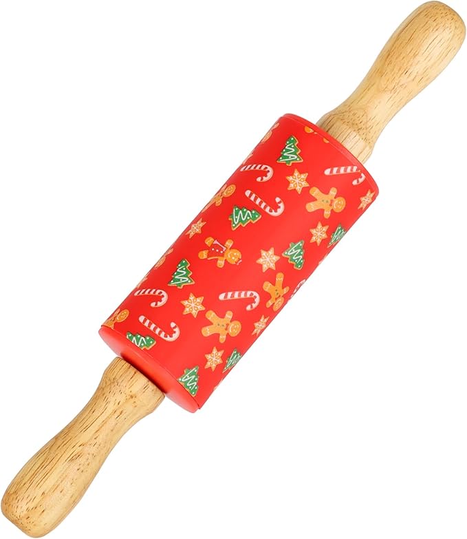 Mini Silicone Rolling Pin for Kids, Non-stick Surface Wood Handle, 9 Inch 1 Pack Red Christmas Tree by Honglida