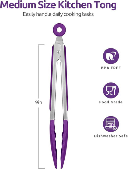 600ºF Heat Resistant Kitchen Tongs: U-Taste 9 inch Silicone Cooking Tong with Firm Sealed Non Stick Rubber Tips & Silicon Coated 18/8 Stainless Steel Handle & Smooth Locking for Serving Grill (Purple) - Image 2