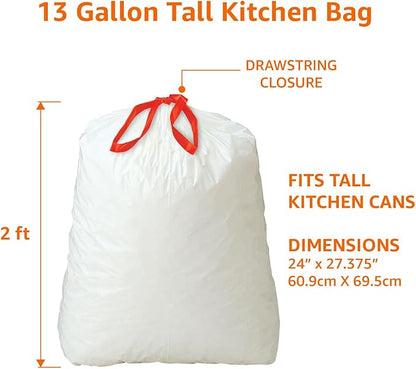 Amazon Basics Tall Kitchen Drawstring Trash Bags, Clean Fresh Scent, 13 Gallon, Odor Control, 0.9 mil Thickness, 80 Count (Previously Solimo) - Image 3