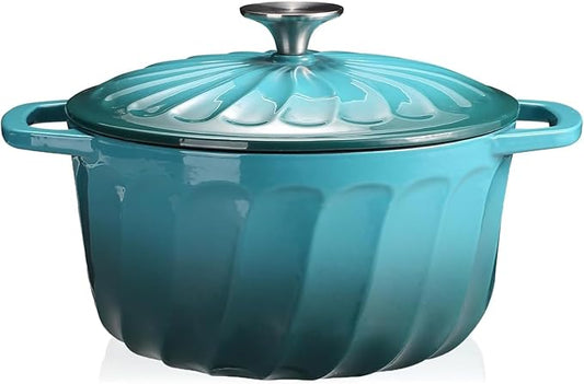 6 QT Enameled Cast Iron Dutch Oven with Lid, Non-Seasoning Enamel Coated Pot, 500°F Oven Safe, Dual Handles, Compatible with All Cooktops for Bread Baking, Braising & Stewing, White (BlueGreen, 6 QT)