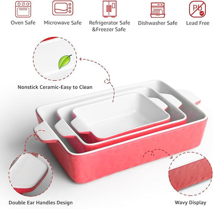 Casserole Dishes for Oven, Ceramic Baking Dishes, Lasagna Pan with Handles, Porcelain Baking Pan Deep, Bakeware for Baking, Cooking, Wedding Gift, Set of 3 (11.6" x 7.8", Red) - Image 3