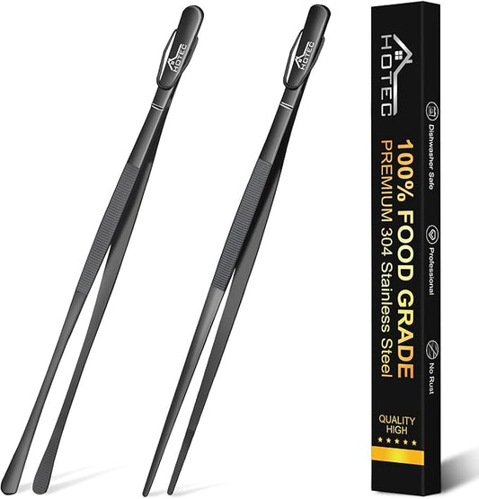 HOTEC Kitchen Tweezers Tongs Stainless Steel Professional Chef Tweezers, Set of 2-12inch Extra-Long Food Tongs for Cooking,Grill and Baking by Hotec