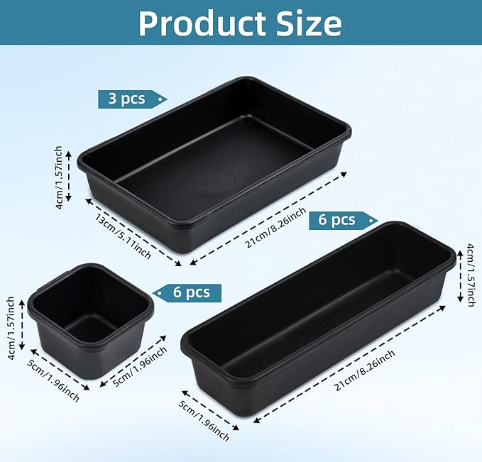 Kutesna 15 Piece Drawer Organizer Set, 3 Size Interlocking Plastic Storage Bins for Office Supplies, Jewelry Makeup Vanity, Bathroom Kitchen, Home Organization Closet, Gadgets Small Items, Black - Image 2