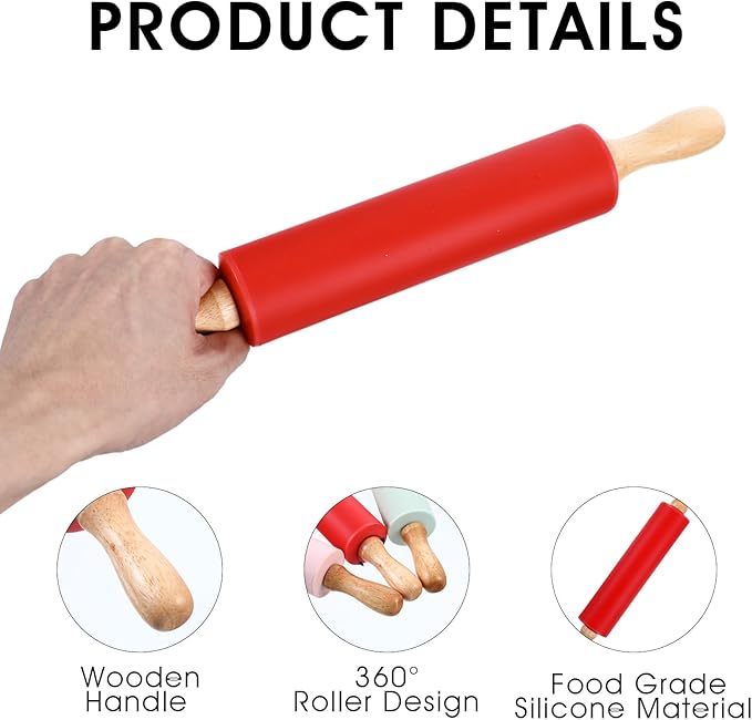 6 Pack Small Rolling Pins for Kids, Silicone Rolling Pin with Wooden Handle, Mini Rolling-Pins for Dough, Cookie, Pastry, 12 Inch (6 Colors) - Image 3
