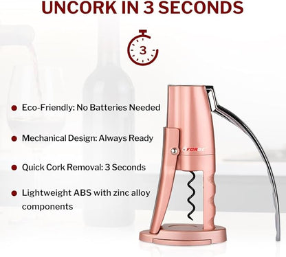 Forge Quality Compact Vertical Lever Corkscrew Wine Opener with Foil Cutter. 3 Seconds to Open a Bottle of Wine. Pink.