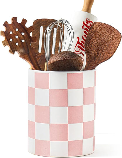 Utensil Holder，7.2 Inch Checkered Utensil Holder, Ceramic Cooking Utensil Spoon/Spatula Holder for Countertop, Kitchen Decor and Accessories for counte(Purple) by Swkien