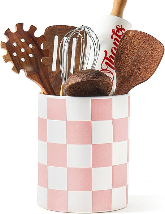 Utensil Holder，7.2 Inch Checkered Utensil Holder, Ceramic Cooking Utensil Spoon/Spatula Holder for Countertop, Kitchen Decor and Accessories for counte(Purple) by Swkien