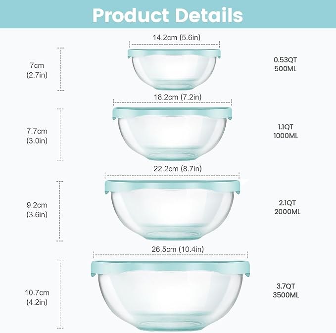 Luvan Borosilicate Clear Glass Mixing Bowls with Lids Set of 4 (0.53qt, 1.1qt, 2.1qt, 3.7qt), Space Saving Nesting Bowls Large Kitchen Salad Bowls for Meal Preping,Baking,Mixing,Dishwasher Safe - Image 3