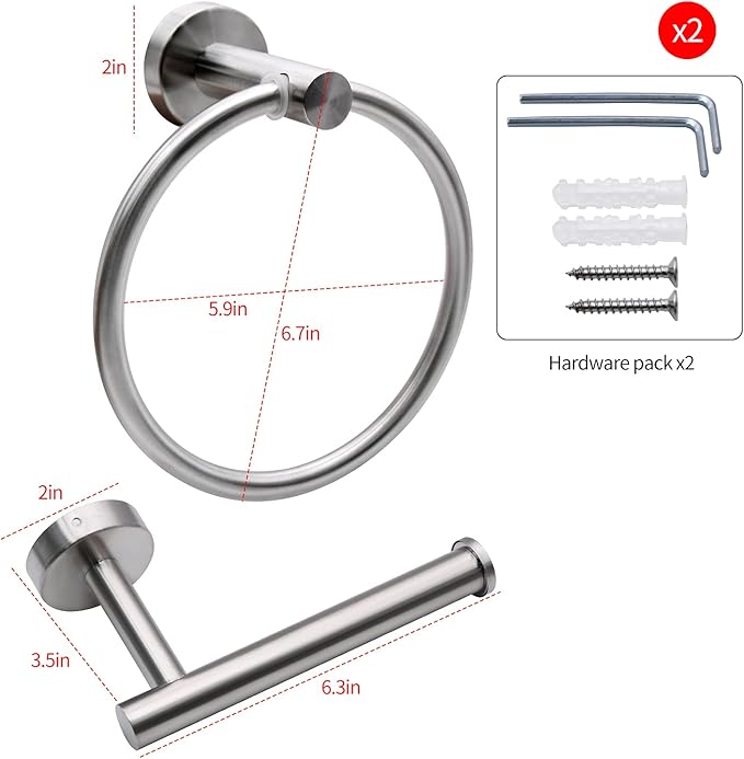 4pcs Matte Black Toilet Paper Holder and Towel Ring Set, Stainless Steel Hand Towel Holder and Towel Hanger with Hardware Pack
