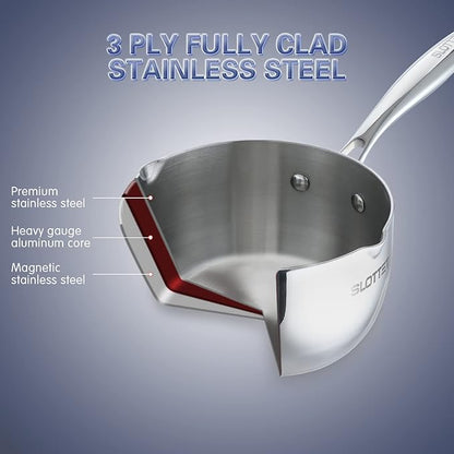 SLOTTET Tri-Ply Whole-Clad Stainless Steel Sauce Pan with Pour Spout,1.5 Quart Small Multipurpose Pasta Pot with Strainer Glass Lid, Saucepan for Cooking with Stay-cool Handle.