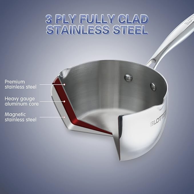 SLOTTET 3.5 Quart Stainless Steel Saucepan with Steamer, Tri-Ply Full Body Small Multipurpose Pot with Pour Spout,Strainer Glass Lid, 3 Qt Sauce Pan for Cooking with Stay-cool Handle.