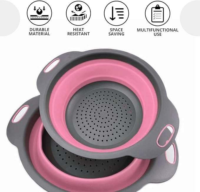 Pink Round Silicone Collapsible Colander – Small Silicone Round Kitchen Strainers with Plastic Handles Foldable Kitchen Strainer Perfect for Draining Pasta Vegetable and Fruit - Image 4