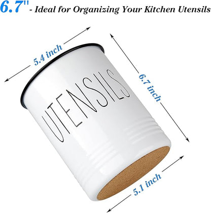 Bivvclaz Kitchen Utensil Holder, 6.7" Utensil Holder for Kitchen Counter, Cooking Utensil Crock with Cork Bottom, Modern Farmhouse Decor, Countertop Utensil Storage Caddy Organizer, White - Image 2
